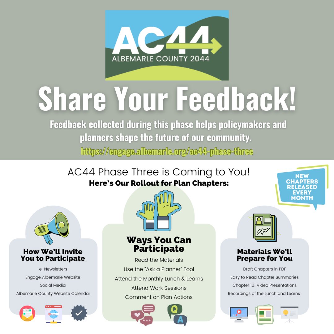 c3climate's tweet image. Live in Albemarle County? Help shape your community’s future! 🏡
AC44’s Comprehensive Plan update is in Phase 3—draft chapters are out now and your feedback is needed. Share your thoughts on housing, land use, and more:
engage.albemarle.org/ac44-phase-thr…