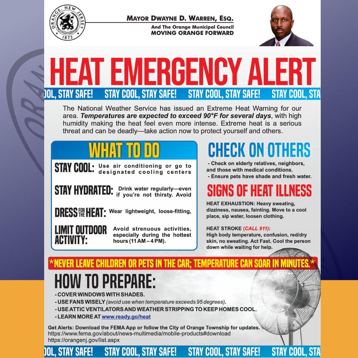 OrangeTwpNJ's tweet photo. STAY COOL
Use air conditioning or go to a designated cooling centers

STAY HYDRATE
Drink water regularly-even if you're not thirsty.

DRESS FOR THE HEAT
Wear lightweight, loose-fitting,

LIMIT OUTDOOR ACTIVITY
Avoid strenuous activities, during the hottest hours (11 AM - 4 PM). https://t.co/a3DEeWhYuE