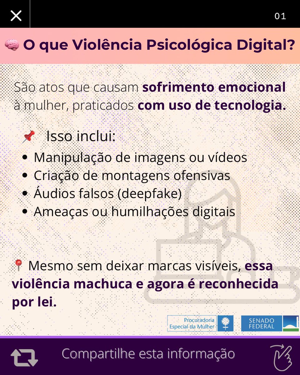 SenadoMulher's tweet image. 🧠 O que é violência psicológica digital?

É o uso de tecnologia para humilhar, manipular, ameaçar ou expor emocionalmente uma mulher — muitas vezes sem deixar marcas visíveis.

#InformaçãoÉPoder