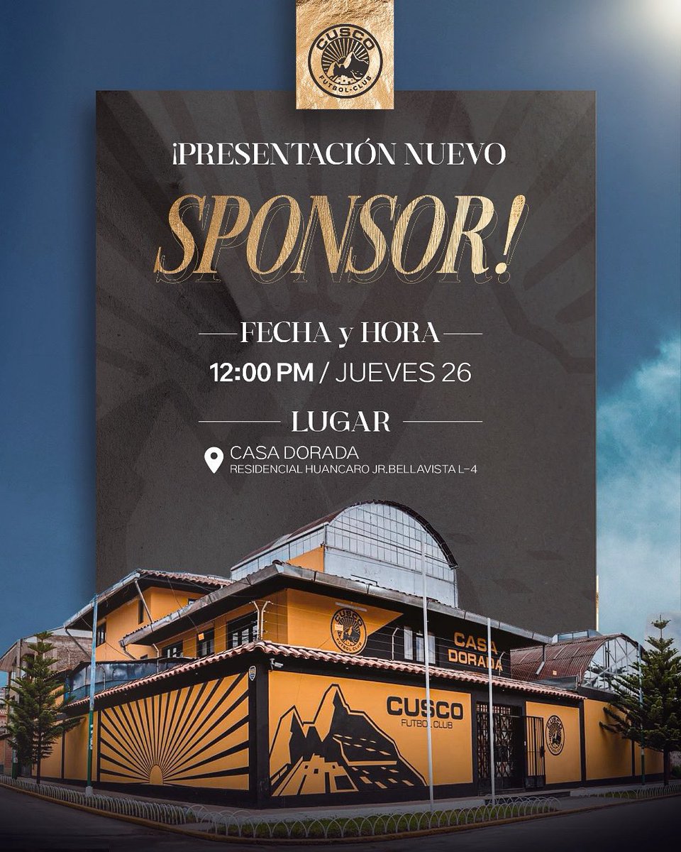 📣 El Cusco Fútbol Club tiene el agrado de invitar a los medios de comunicación a la Conferencia de Prensa que se realizará en nuestra sede institucional, con motivo de la presentación oficial de nuestro nuevo sponsor, que se suma a la familia dorada a partir de este año 2025.