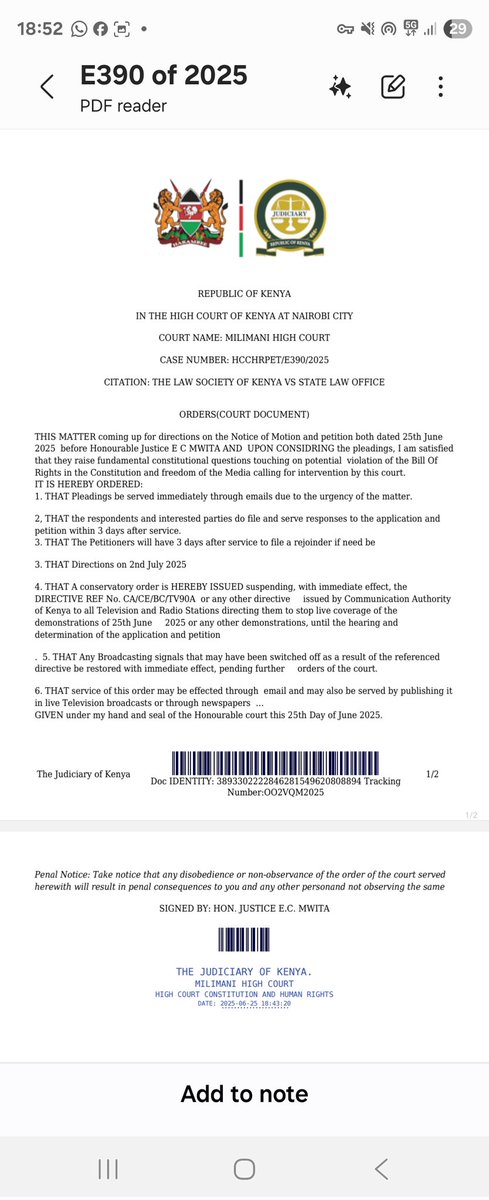 Manwa Hosea (@manwaoh) on Twitter photo The <a href="/LawSocietyofKe/">Law Society of Kenya</a> has just secured orders against the Arbitrary decision to close down media coverage of the ongoing demonstration.
The Public Interest Litigation Committee is on standby to address illegalties enamating from the demos.
A win for the rule of law. The <a href="/LawSocietyofKe/">Law Society of Kenya</a> has just secured orders against the Arbitrary decision to close down media coverage of the ongoing demonstration.
The Public Interest Litigation Committee is on standby to address illegalties enamating from the demos.
A win for the rule of law.