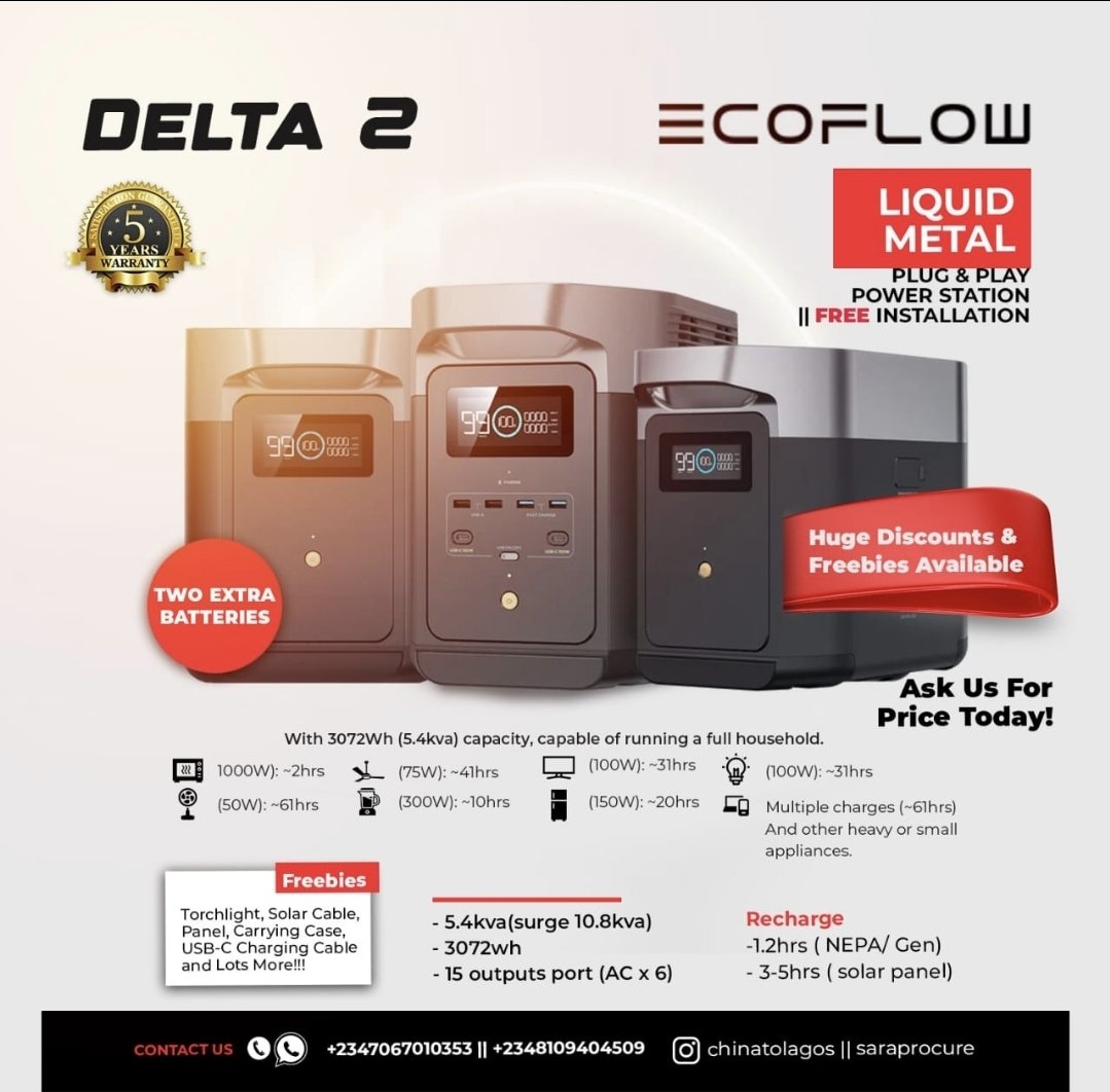 Eghosakruz's tweet image. I recommend Ecoflow devices only because they're all in one.
If you’re looking for a clean, quiet, and portable alternative to generators, check out the EcoFlow Delta / River Series. No fumes, no fuel, just simple all in one devices with 5 year warranty, fast  charging and easy…