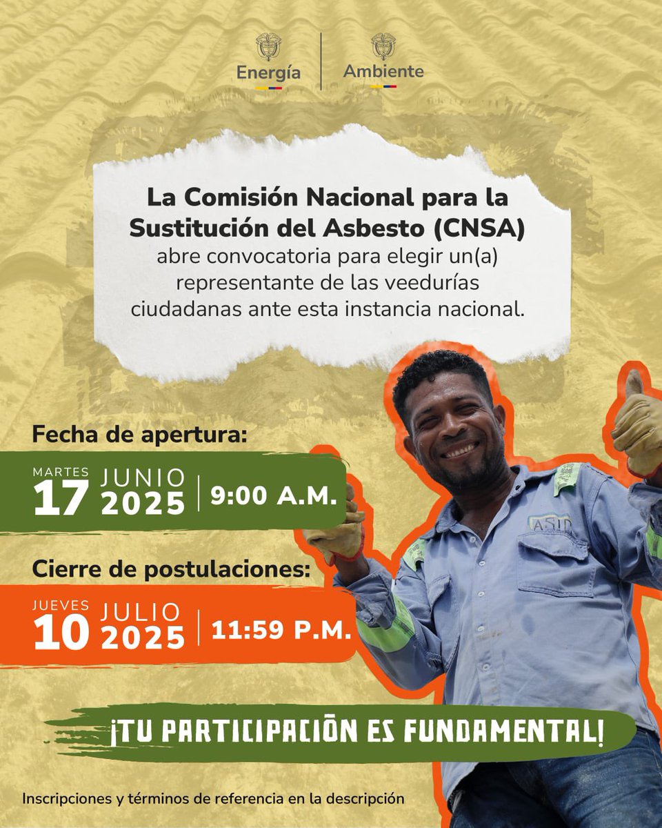 MinEnergiaCo's tweet photo. ¡Convocatoria abierta a la ciudadanía! 

Te invitamos a inscribirte para ser veedor ciudadano de la Comisión Nacional para la Sustitución del Asbesto (CNSA).

Para  inscribirte y conocer los términos de referencia visita 🔗 https://t.co/A8WhQi3sQM

Si tienes consultas adicionales, contáctanos 👇🏼
info@minambiente.gov.co (con copia a chernandezm@minambiente.gov.co)

Participa ahora para ser parte de la Comisión Nacional para la Sustitución del Asbesto