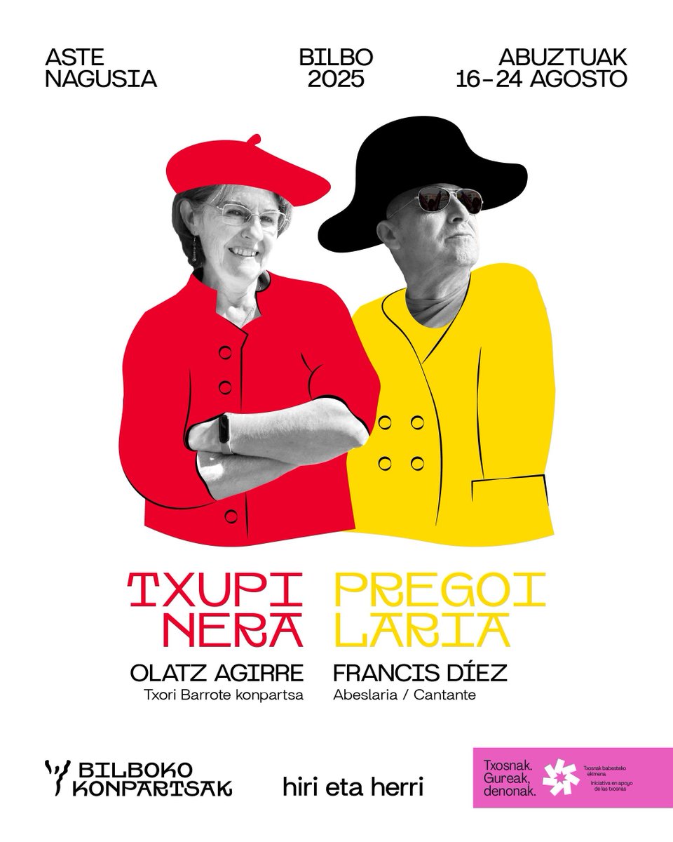 Badakigu nortzuk izango diren aurtengo Txupinera eta Pregoilaria!! 🎉🥳
Txupinera Txori Barrote konpartsako Olatz Agirre eta Pregoilaria Doctor Deseoko abeslaria den Francis!! A ze bikote paregabea!! 💪🏽

#AsteNagusia25
#BilbokoKonpartsak
#HirietaHerri