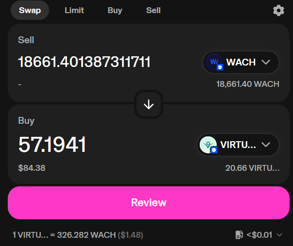 1.55 $VIRTUAL &gt; 57 $VIRTUAL with $WACH sale. Only on <a href="/virtuals_io/">Virtuals Protocol</a>  

It was good days to add more $VADER and $VIRTUAL to your portfolio
