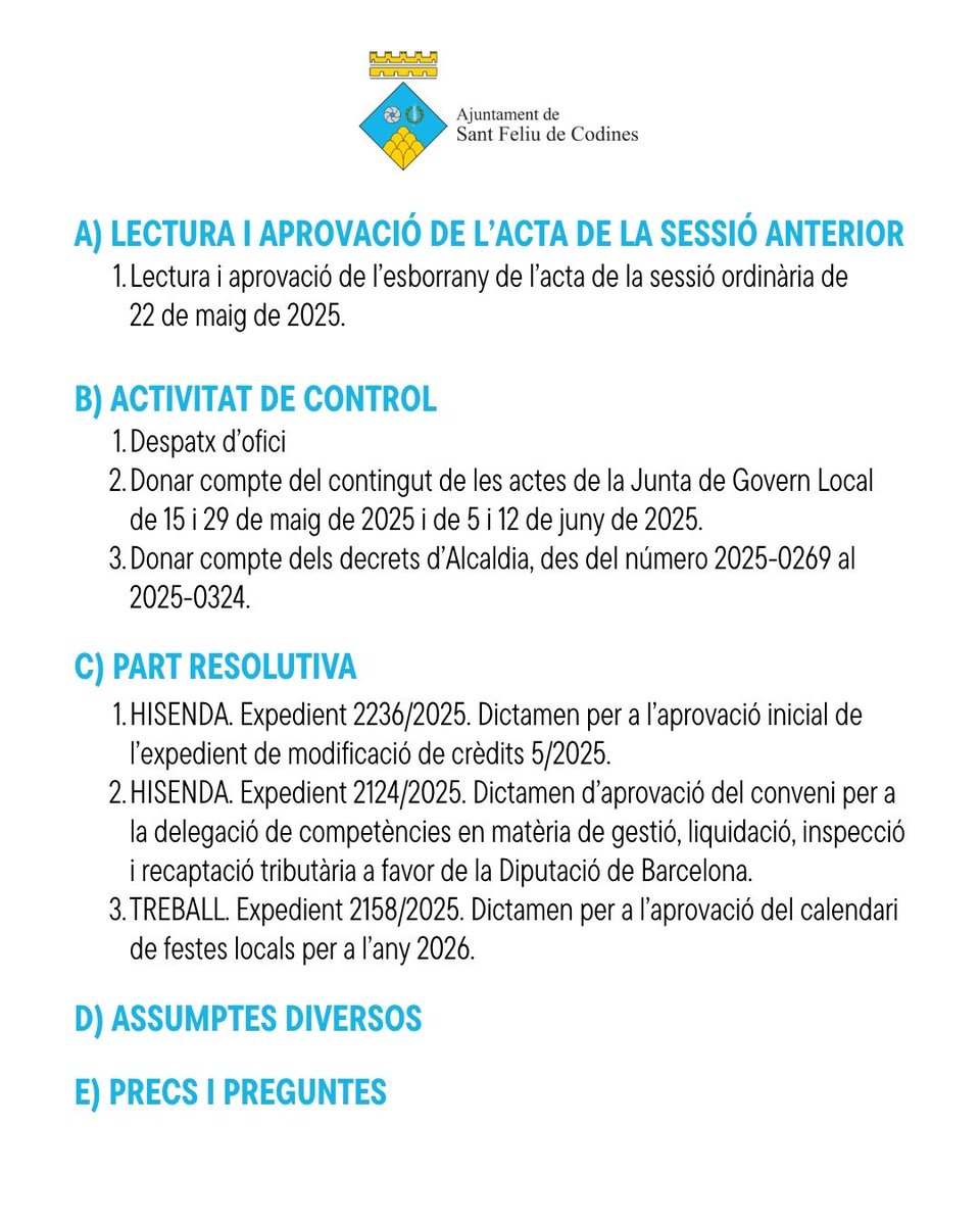 AjSFCodines's tweet photo. 🏛️ #PleSantFeliudeCodines | Ple municipal - Sessió ordinària #SantFeliudeCodines 
 
📅 Dijous 26 de juny
🕧 A les 18.30h  
📍 Sala de Plens de l'Ajuntament #sfc182
 
📲 Es podrà seguir en directe al Canal de Youtube #canalcodinenc a https://t.co/omyHRXBHo5 
 
Ordre el dia 👇 https://t.co/rl5JqTZocW