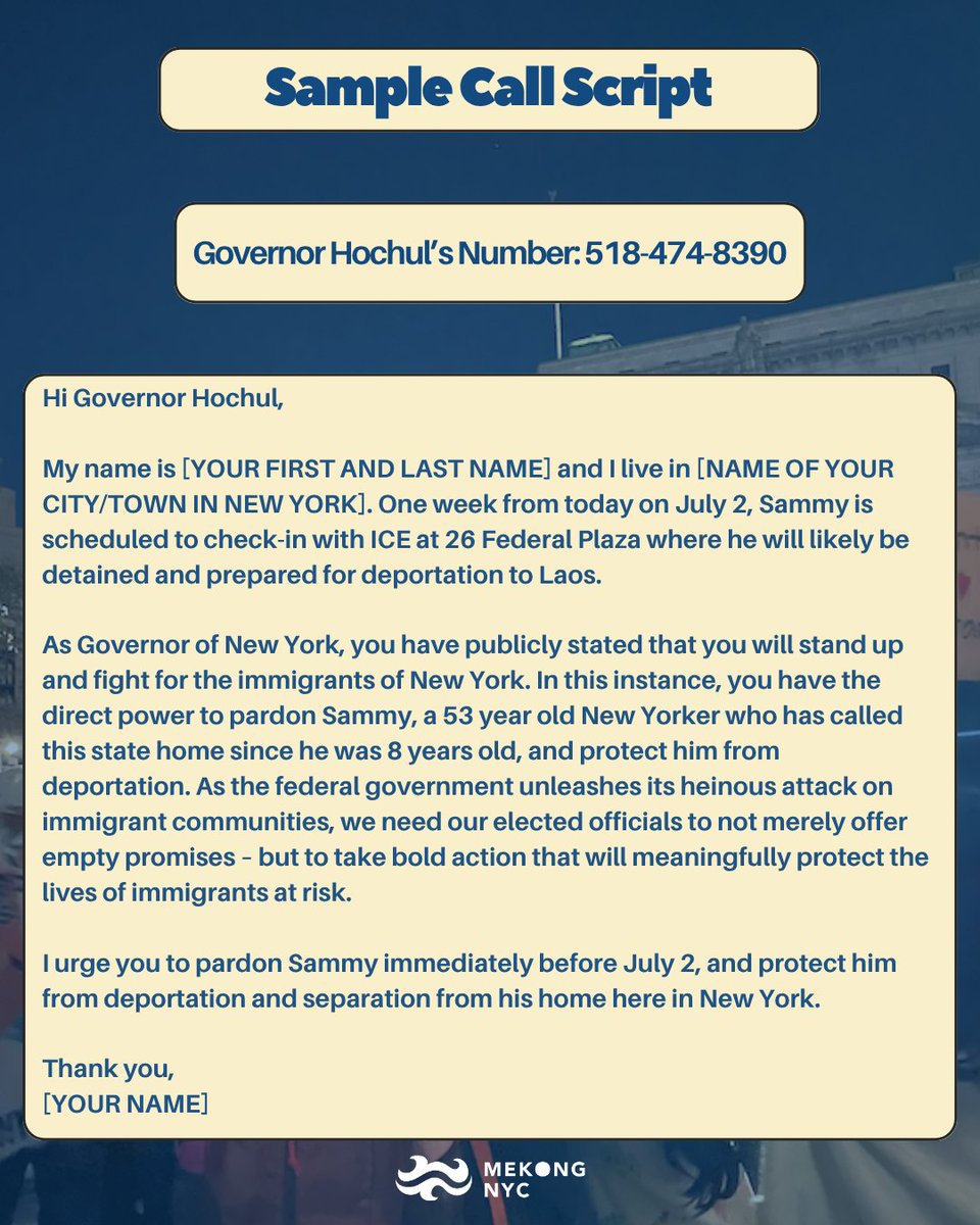 🚨WE NEED YOUR HELP! 🚨
TODAY, we will be calling and emailing Governor Hochul's office to demand that she pardon Sammy.

Use the attached call and email scripts.
View our toolkit: bit.ly/sammytoolkit