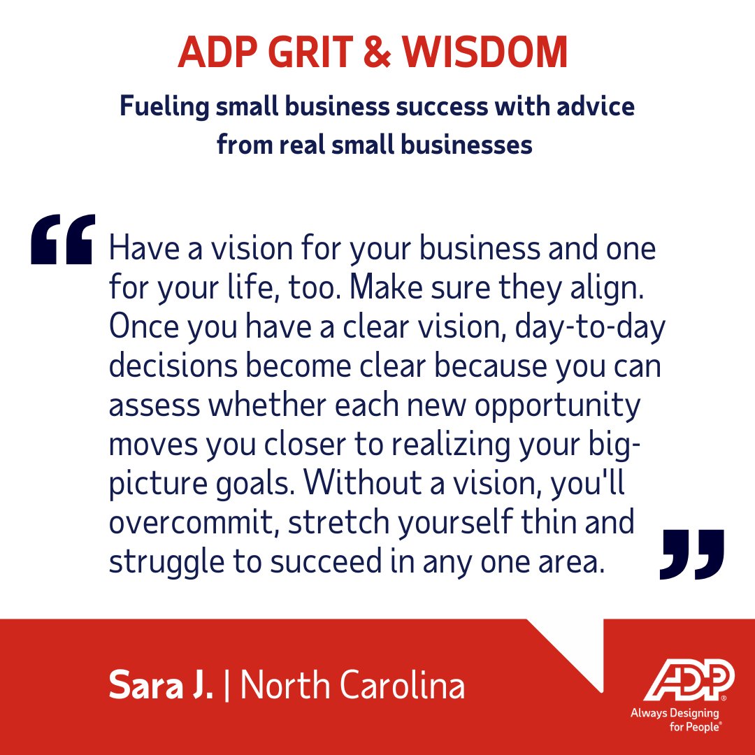It’s everyone's favorite day of the week: #WisdomWednesday! Sara J. from North Carolina is here to remind us that having a clear vision for your business and not spreading yourself thin are the keys to small business success. #GritAndWisdom