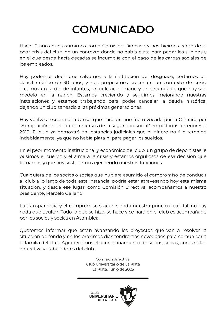 Comunicado de la Comisión Directiva del CULP