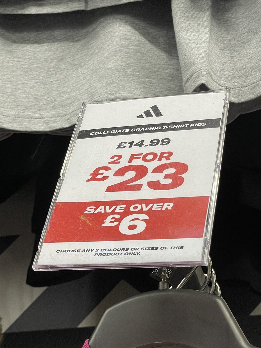 JudeNath's tweet photo. WARNING ⛔️ Yesterday we visited J32 to purchase some clothing for my daughter for sports day. We decided to go to @SportsDirectUK. The children’s adidas t-shirts had an offer 2 for £23 on both the ones above and just below them in pink. The signs said the EXACT same thing. 1/3 https://t.co/rlGLo6zCgs