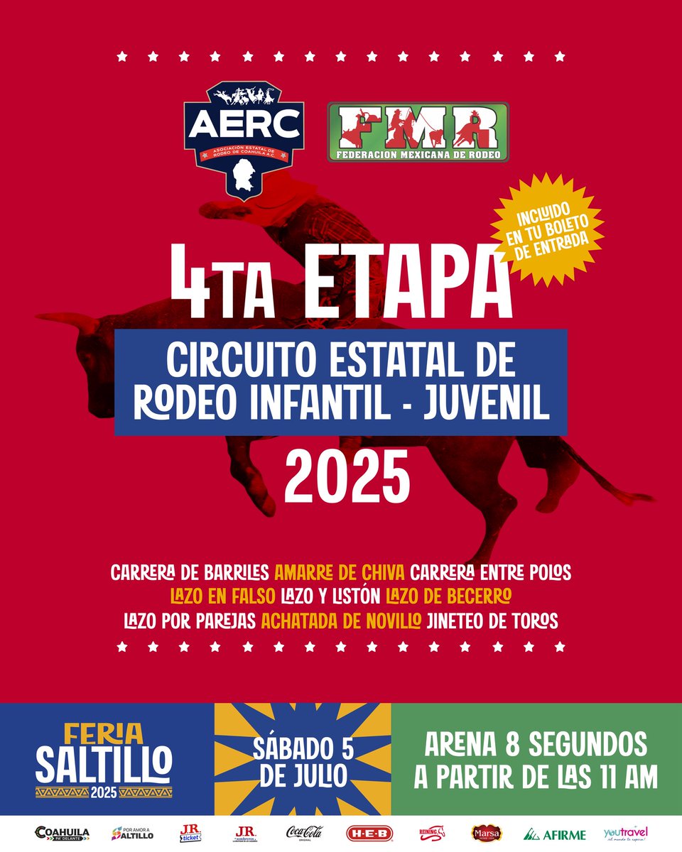 feria_saltillo's tweet photo. ¡El sábado 5 de Julio ven y vive el Rodeo! 🤠

📍Arena 8 Segundos
⏰ A partir de las 11:00 a.m.
🎟️ Incluido con tu boleto de entrada
#FeriaSaltillo2025 https://t.co/XOGYyZ2gym