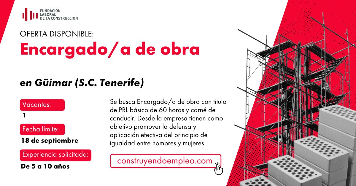 Fundación Laboral de la Construcción (@flcconstruccion) on Twitter photo ¿Buscas una oportunidad para construir un gran futuro? 🚧
Conoce las últimas vacantes en construcción publicadas en nuestro portal de #empleo:
💼 Encargado/a de obra construyendoempleo.com/mainPage?offer…
💼 Fontanero/a construyendoempleo.com/mainPage?offer…
💼 Encargado/a de obra construyendoempleo.com/mainPage?offer…
Y ¿Buscas una oportunidad para construir un gran futuro? 🚧
Conoce las últimas vacantes en construcción publicadas en nuestro portal de #empleo:
💼 Encargado/a de obra construyendoempleo.com/mainPage?offer…
💼 Fontanero/a construyendoempleo.com/mainPage?offer…
💼 Encargado/a de obra construyendoempleo.com/mainPage?offer…
Y