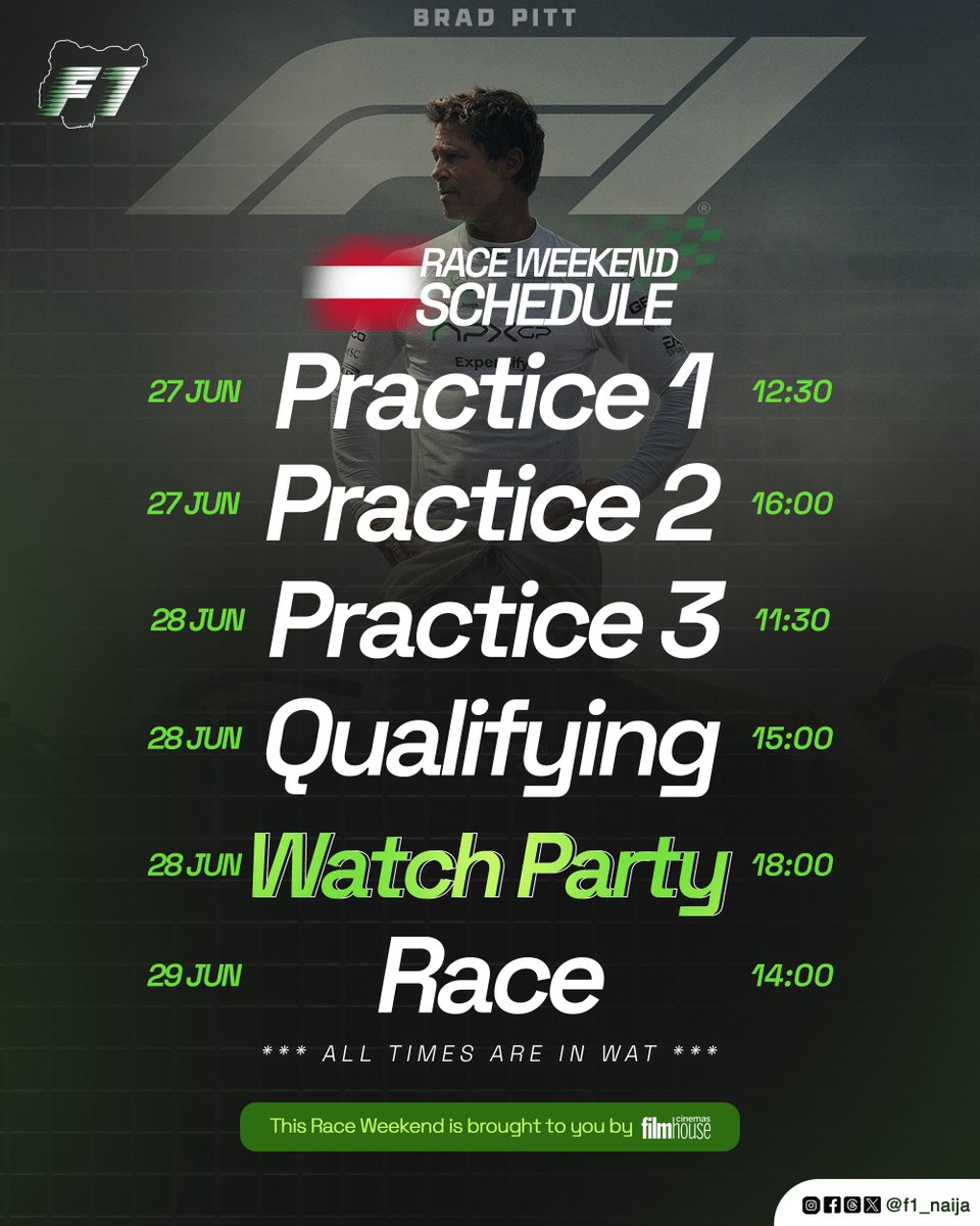 🗓️: Schedule for the 2025 F1 Austrian Grand Prix 🇦🇹

Naija time ⏰🇳🇬

#F1 #AustrianGP