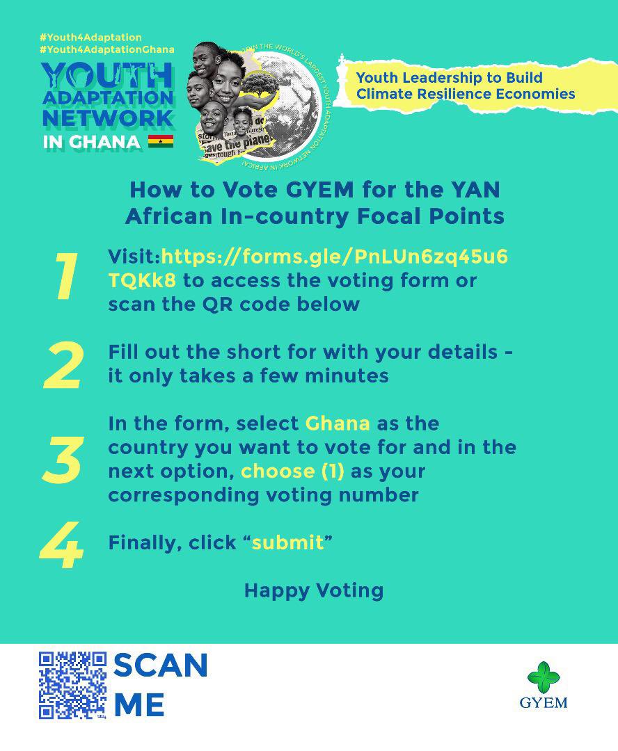 Have you voted for GYEM yet? 👇 

Choose Ghana; Our Corresponding number is 1.

Voting closes soon – 30 June! 

Make your voice heard and choose GYEM to drive youth-led climate adaptation action in Ghana: 👉 forms.gle/PnLUn6zq45u6TQ… 

Follow us for updates! 

#Youth4Adaptation