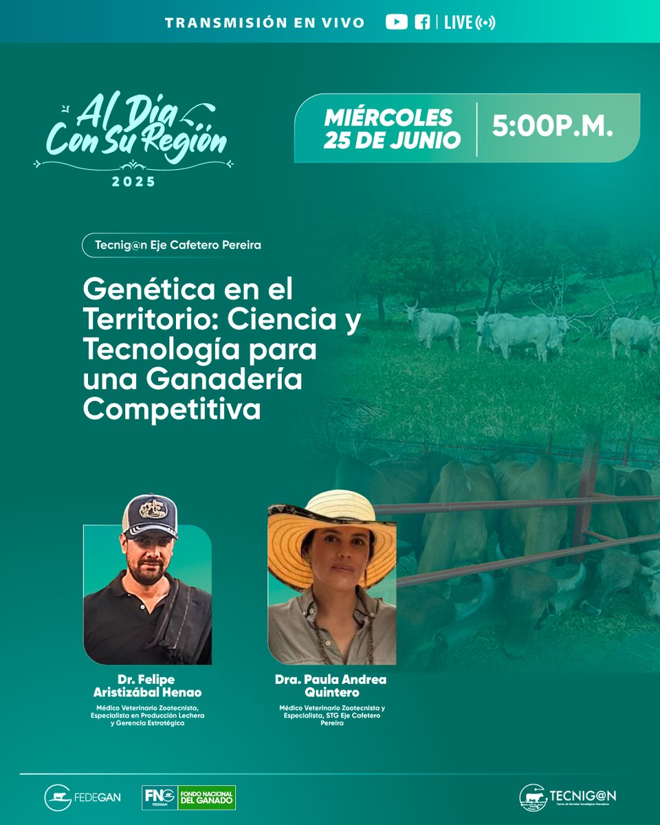 HOY en #AlDíaConSuRegión 

🔬 Genética en el Territorio: Ciencia y Tecnología para una Ganadería Competitiva 🐄  

Conéctate y entérate cómo la innovación está transformando nuestra ganadería:  

👉Link: youtube.com/live/rnYVZ0OhL…  

#OrgullosamenteGanaderos #ConstruyendoGanadería