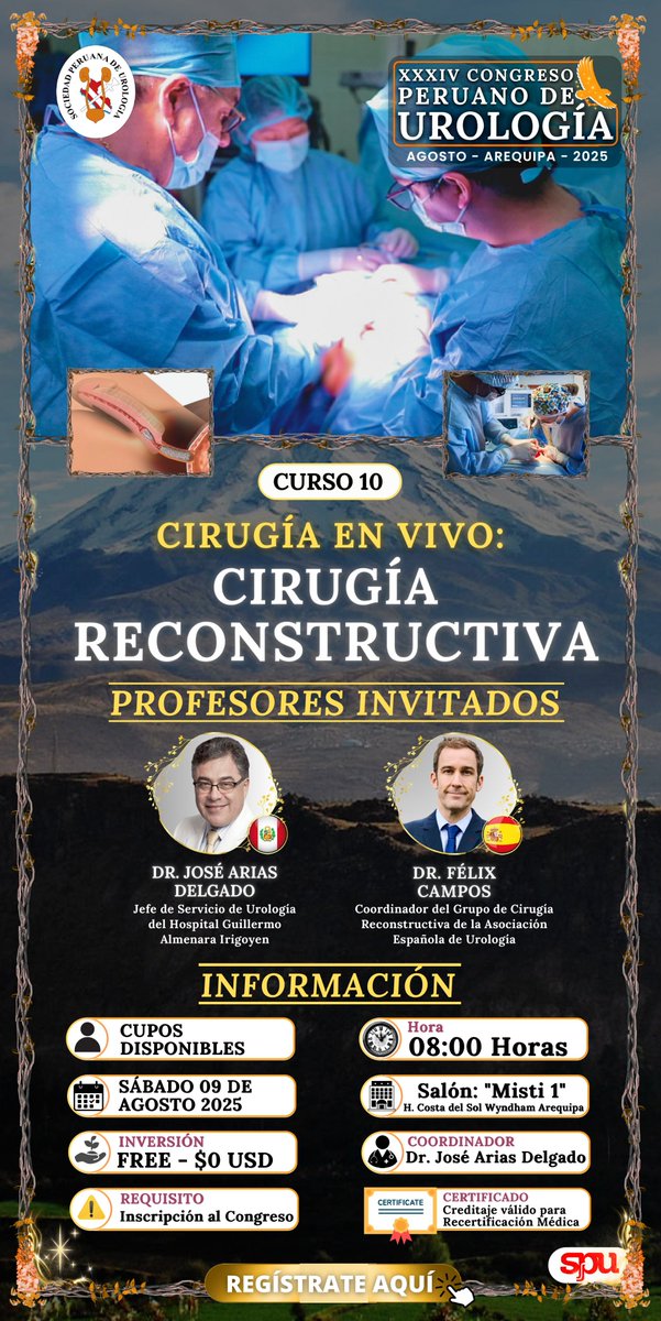 CURSO 10: CIRUGÍA EN VIVO: CIRUGÍA RECONSTRUCTIVA 

🌱 Inversión: Gratuita ($0 USD)
🚨 Requisito: Inscripción a la Plenaria del Congreso.

✍🏻 Regístrate al Curso aquí: cutt.ly/8rQygdR3

📙 Ver Programa: cutt.ly/jrRwgt7k

¡Los esperamos!