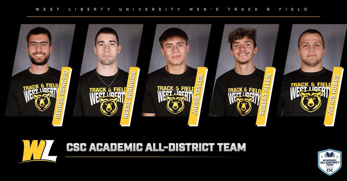 Congratulations to West Liberty University Men's Track &amp; Field athletes George Donovic, Reese Burnside, Jacob Taylor, Robert Allen and Julius Hobbs who earned CSC Academic All-District Honors 

🔗 tinyurl.com/y59eje2m

#GoWLU | #TopperNation