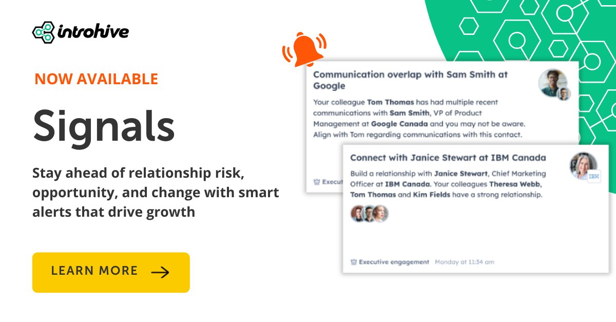 Introhive's tweet image. 🚨Big news🚨 Introhive’s Signals are now available! Stay ahead with timely, actionable insights around risk, opportunity, and changes within your relationship network. hubs.la/Q03qh00w0  #IntrohiveTransformed #RelationshipIntelligenceRevolutionized