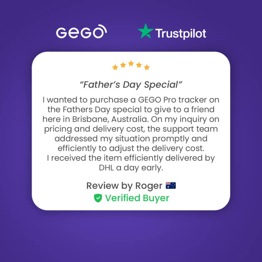 A 5-star review made our day! 🇦🇺 Roger praised our team for adjusting shipping of his GEGO PRO to Brisbane for Father's Day.
That's our promise:
🚀Fast Global Delivery
🤝Personalized Support
😊Happy Customers
We make tracking easy, worldwide!
trustpilot.com/review/www.geg…
#trustpilot