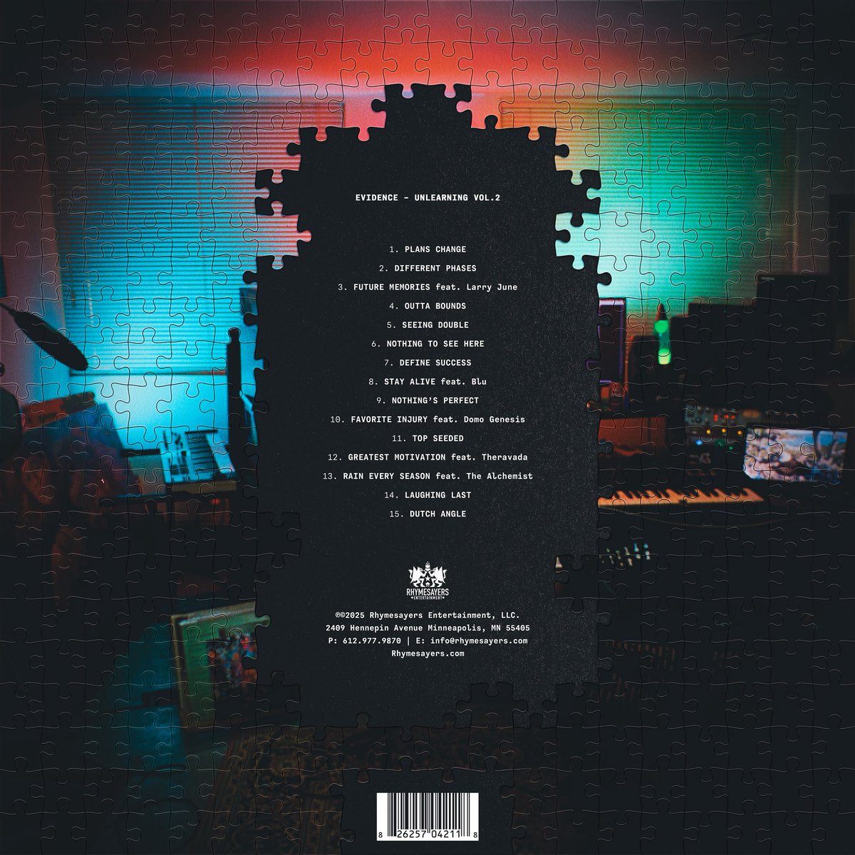rhymesayers's tweet image. Unlearning Vol. 2 @Evidence 🧩🧩
August 15th, 2025
Photography by: @StephenVanasco
Design by: dopestonelion
Multiple limited vinyl variants
+ CD, cassette, apparel, and more available for pre-order tomorrow at 8am PT!
rhymesayers.com
