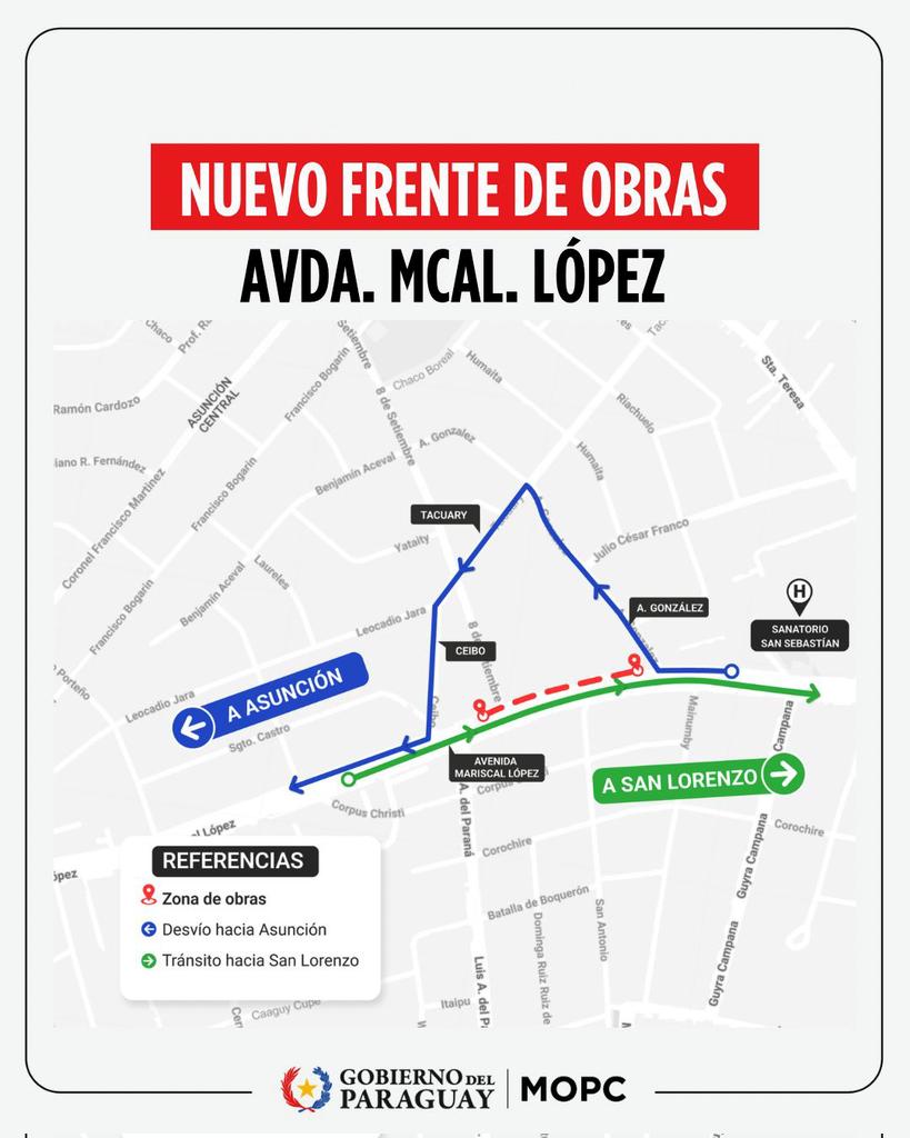 🔴 Desde mañana rige nuevo desvío en Fernando de la Mora (sentido San Lorenzo–Asunción) por obras en Mariscal López.

🚗 Deberán girar a la derecha en la calle A. González, seguir hasta Tacuary, luego girar a la izquierda hasta Ceibo.

👉Sentido Asunción–San Lorenzo sigue normal.
