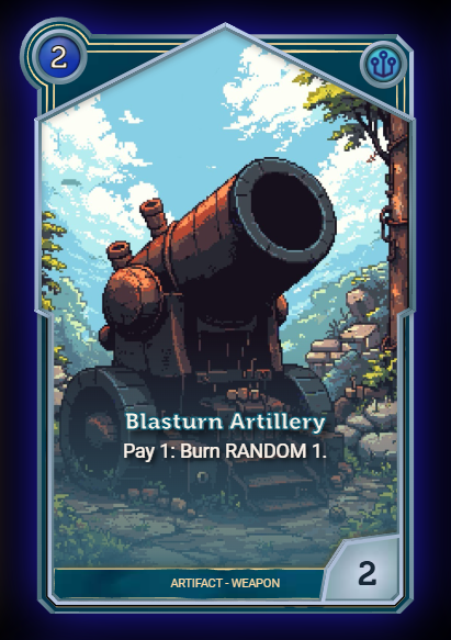 CrowdControlNet's tweet image. Next we present another Technology place "Blasturn Artillery". It is quite simple, for 1 Mana you deal 1 damage to an enemy place or HQ. As simple as that.
For deck desin this is a good item to consistently deal damage that can win the game even if there is a stalemate on the…