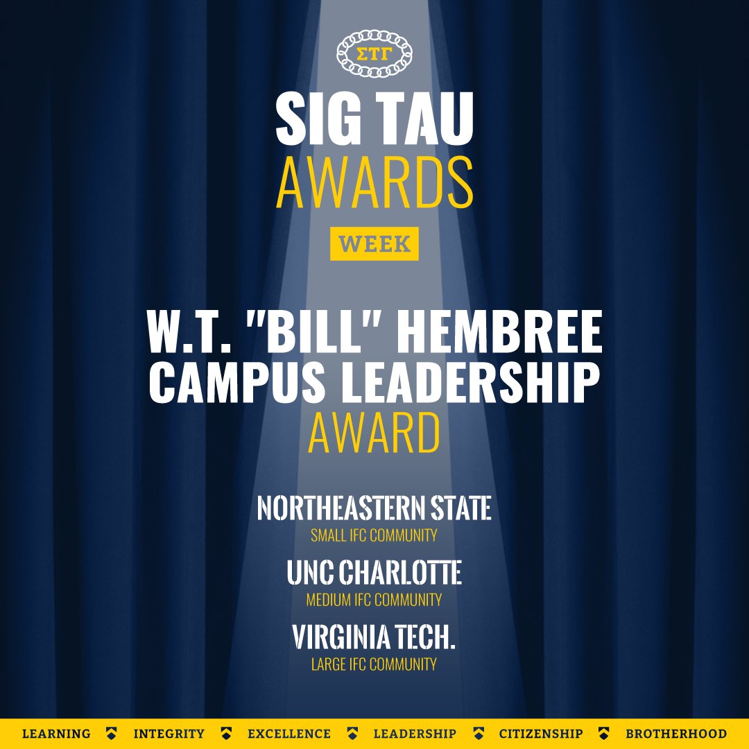 SigmaTauGamma's tweet photo. ๐W.T. "BILL" HEMBREE CAMPUS LEADERSHIP AWARD
๐๏ธ๐
Northeastern State โ Small IFC Community
๐๏ธ๐
UNC Charlotte โ Medium IFC Community
๐๏ธ๐
Virginia Tech. โ Large IFC Community
Congratulations โ way to show up and lead on your campus!
#SigTauAwards #NobleMen https://t.co/h9Ob2oxkVc