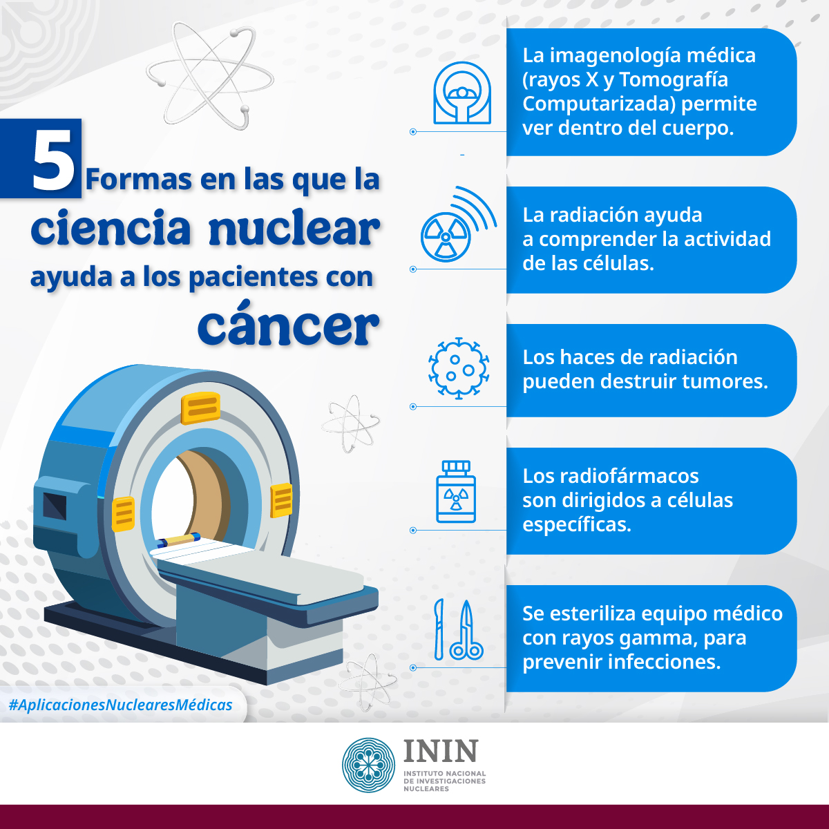inin_mx's tweet image. Conoce 5 formas en las que la CIENCIA NUCLEAR ayuda a los pacientes con cáncer. Los radiofármacos son pieza clave en su diagnóstico y tratamiento. En el ININ se desarrollan radiofármacos usados en medicina nuclear. #AplicacionesNuclearesMédicas #RadiofármacosININ