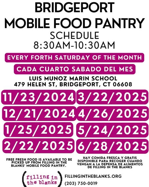Every fourth Saturday of the month, the mobile food pantry visits Luis Munoz Marin School in Bridgeport to provide the community with fresh, nutritious food. From 8:30 AM to 10:30 AM, neighbors can stop by 479 Helen Street to pick up options for themselves and their families