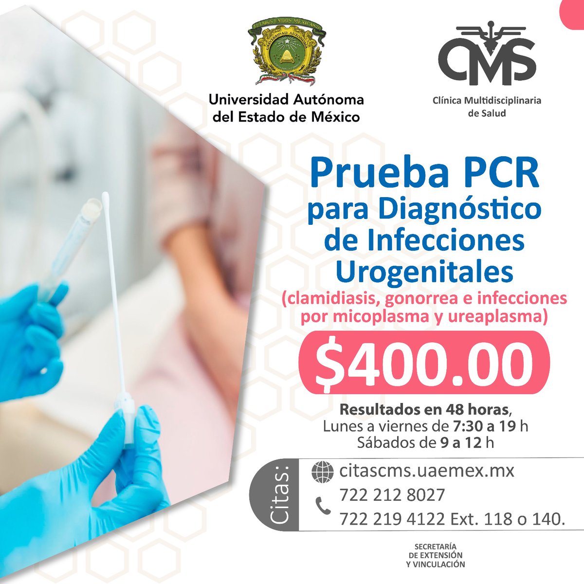 🔬 La <a href="/CMSUAEMex/">CMSUAEMéx</a> te ofrece la prueba PCR para detectar infecciones urogenitales de forma precisa y confiable con un precio accesible.
Para agendar a una cita, ingresa a 👉 citascms.uaemex.mx  o llama al 7222128027 extensiones 118 y 140.
