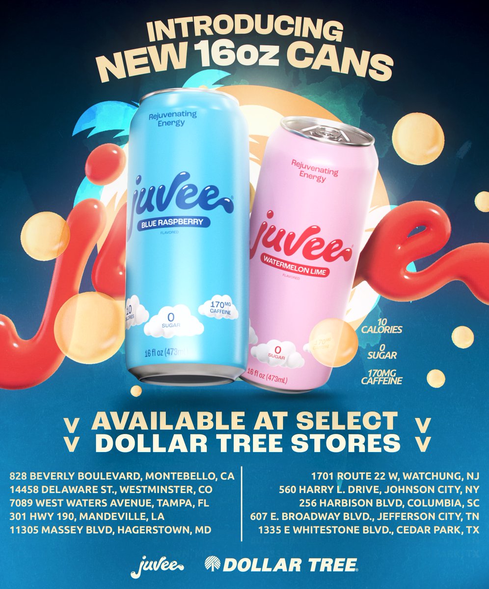 Juvee (@drinkjuvee) on Twitter photo ⚡️ Bigger. Bolder. Boosted.
Watermelon Lime & Blue Raspberry now in 16oz with 170mg of caffeine!
Limited run at select <a href="/DollarTree/">Dollar Tree</a>(s) + online.
👀 Spot it? Grab it.
🛒 Or click to skip the trip. 👇 ⚡️ Bigger. Bolder. Boosted.
Watermelon Lime & Blue Raspberry now in 16oz with 170mg of caffeine!
Limited run at select <a href="/DollarTree/">Dollar Tree</a>(s) + online.
👀 Spot it? Grab it.
🛒 Or click to skip the trip. 👇