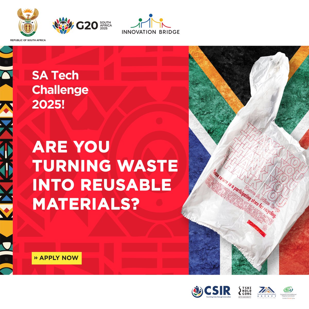 Creating tech for reuse, recycling, or material regeneration?
Apply for the #SATechChallenge2025 under Circular Economy &amp; compete for R3M and global exposure.
Apply by 30 June
satechchallenge.co.za