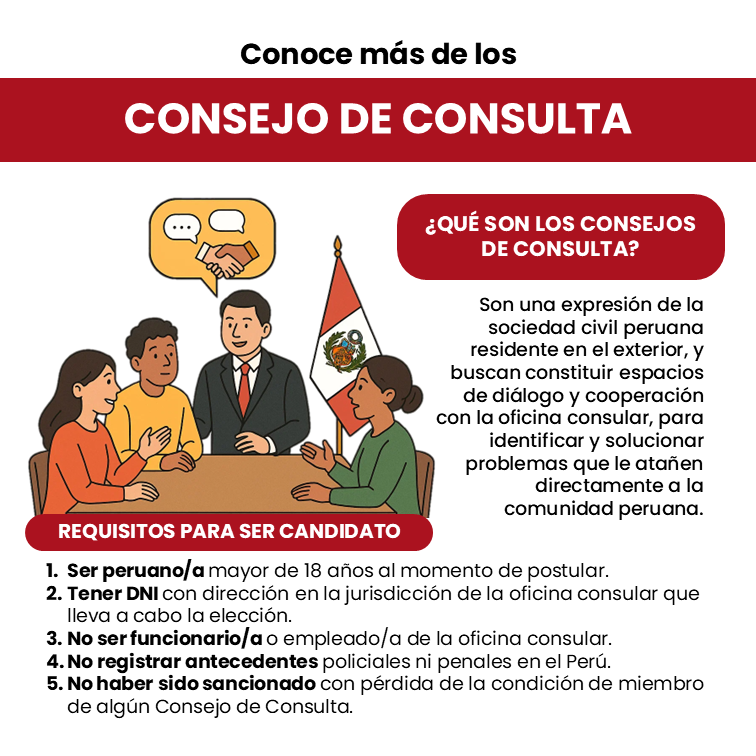 Consulado General del Perú en Quito (@conperquito) on Twitter photo 📷 Compartimos con ustedes la convocatoria a la elección del Consejo de Consulta 2025-2026 📷.
Aquellos peruanos interesados en formar parte del Consejo y que cumplan con los requisitos, podrán enviar sus candidaturas a consuladoperuquito@gmail.com
#PeruanosEnElExterior 📷 Compartimos con ustedes la convocatoria a la elección del Consejo de Consulta 2025-2026 📷.
Aquellos peruanos interesados en formar parte del Consejo y que cumplan con los requisitos, podrán enviar sus candidaturas a consuladoperuquito@gmail.com
#PeruanosEnElExterior