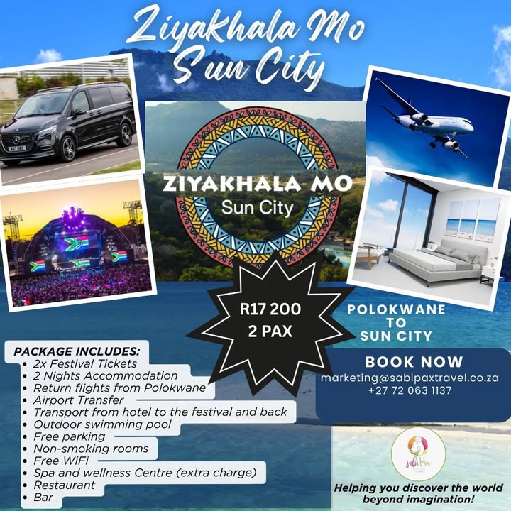 ZIYAKHALA MO SUN CITY TRAVEL PACKAGES🚔✈️

Umthwalo usobhokweni, asihlangane Mo Sun City!

Ukhozi FM lubambisene ne-SabiPax Travel bakwethulela ama-Travel packages ngamanani aphansi.

I-SabiPax Travel ikwenzela uhambo lwakho lube lula, okubalwa amaflight, imoto kanokusho, indawo