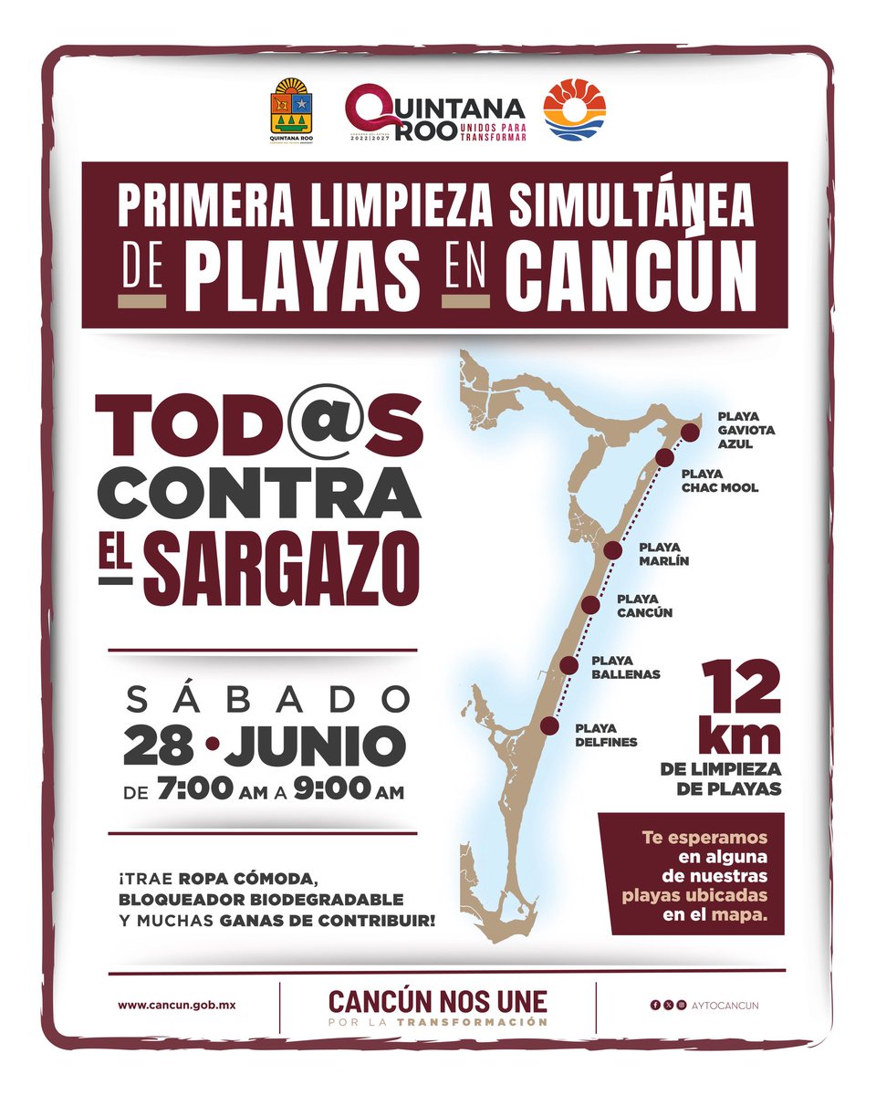 🌊 Cancunenses, les invitamos a ser parte de la Primera Limpieza Simultánea de Playas en #Cancún 🌿

Este sábado 28 de junio, de 7:00 AM a 9:00 AM, únete a la gran jornada #TodosContraElSargazo.

Les esperamos en nuestras siguientes playas:
(1/2)