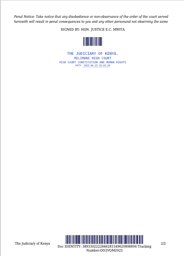 The High Court has issued conservatory orders suspending , with immediate effect, directive REF No. CA/CE/BC/TV90A or any other directive issued by <a href="/CA_Kenya/">Communications Authority of Kenya (CA)</a> to all Television &amp; Radio Stations directing them to stop live coverage of the
demonstrations of 25th June 2025 or any