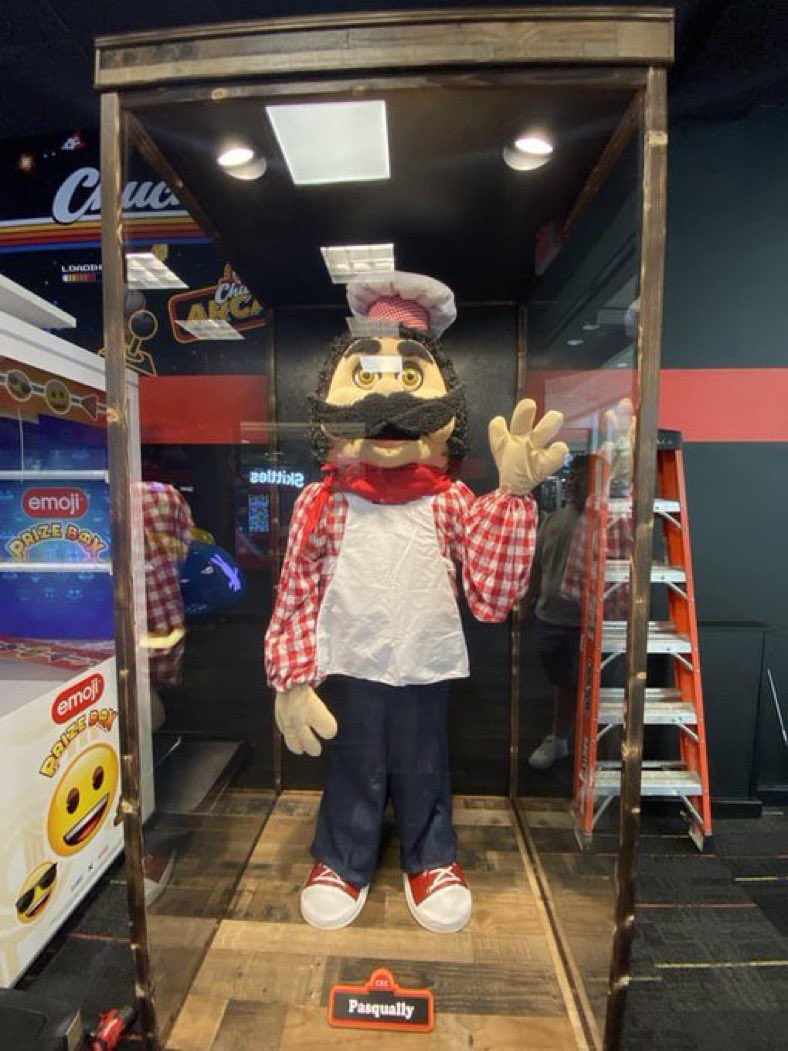 saychuck's tweet image. Pasqually cyberamic animatronic inside a Chucks arcade location