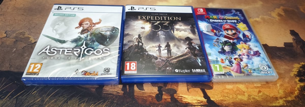 Harrolfo's tweet photo. Małe wzbogacenie kolekcji na #PS5 i #NintendoSwitch/#NintendoSwitch2 z ostatnich dni 🙂
#AsterigosCurseOfTheStars
#ClairObscurExpedition33
#Mario #Rabbids #SparksOfHope (demo bardzo mi się spodobało) https://t.co/9Sxp2CWeAV