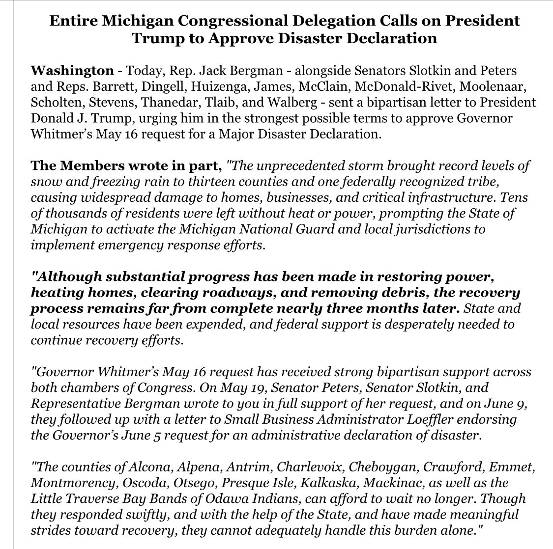 Inbox: Michigan’s entire delegation is urging Trump to declare a major disaster over ice storms, nearly 6 weeks after Whitmer’s request. 

Letter says federal help “desperately”needed to continue recovery efforts + that affected counties and tribes “can afford to wait no longer”