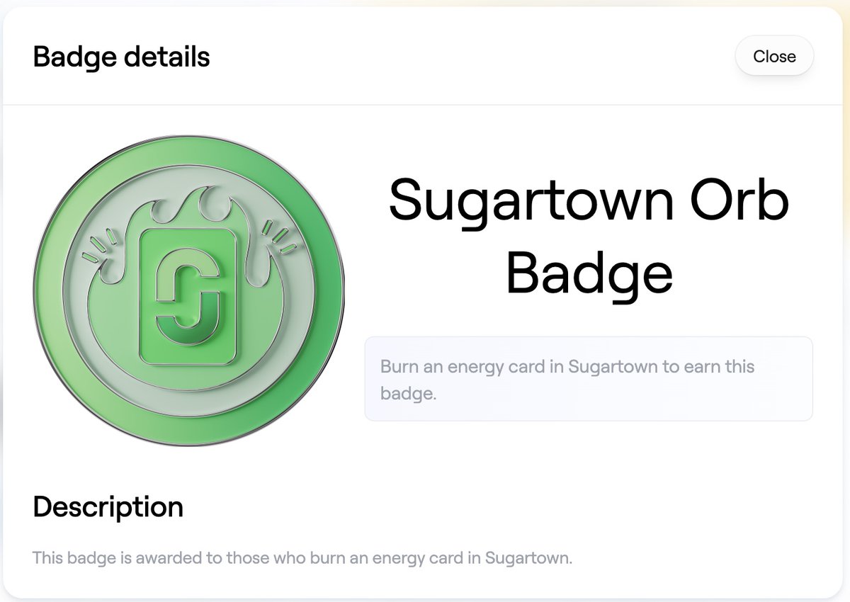 OQrypt20772's tweet photo. Collectible Abstract Badges are genius.
@AbstractChain is doing it right.

I sadly missed out on the Black Star badge but I managed to get this one :D. @visitsugartown https://t.co/UHwIv24bdK