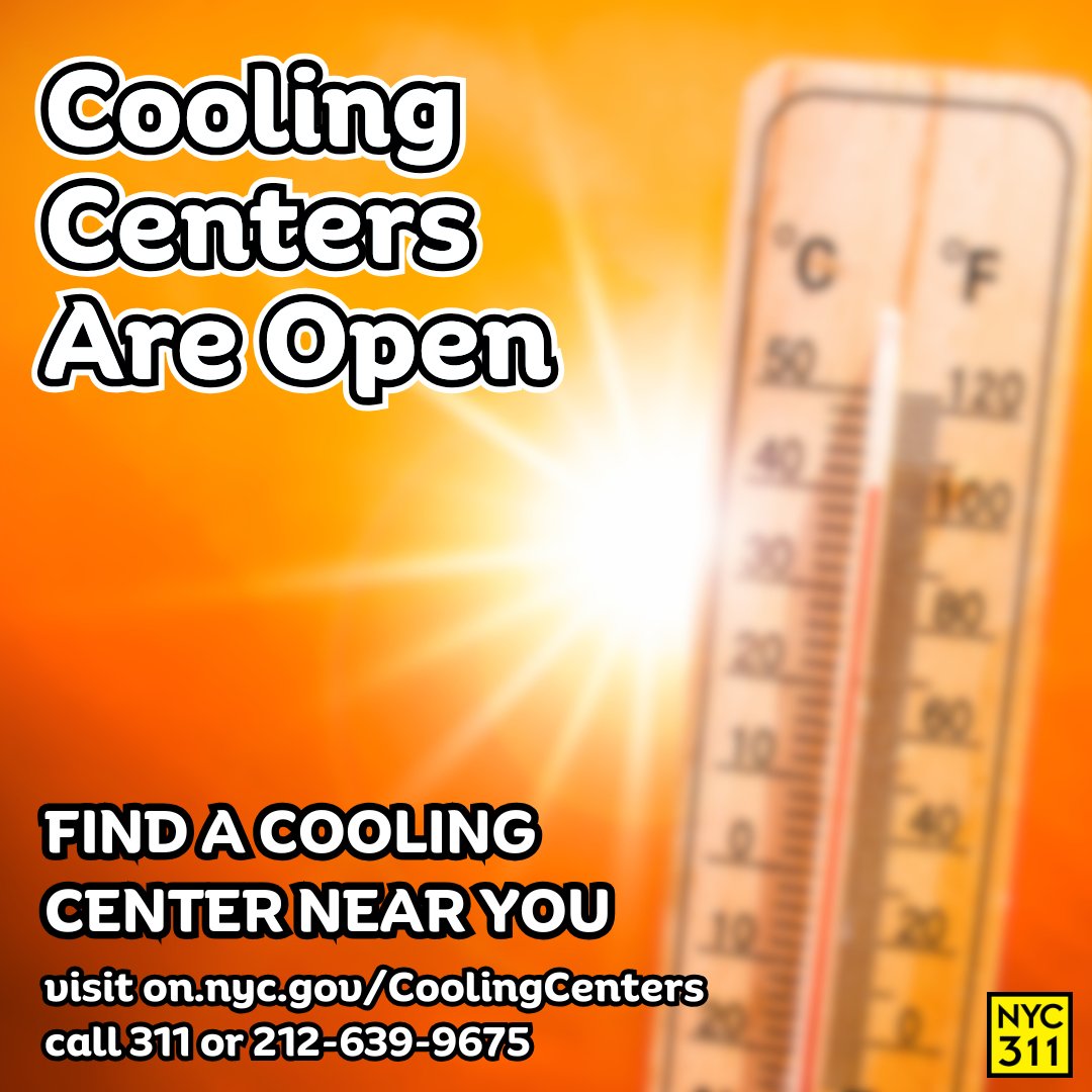 Due to expected high temperatures and high heat indices, NYC cooling centers are open.

Call centers directly to confirm hours &amp; for more information.

Find one near you at on.nyc.gov/CoolingCenters.

#beattheheat #Bronx #Brooklyn #Manhattan #Queens #StatenIsland #CoolingCenters