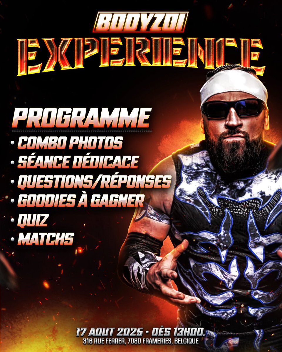 🔥 BODYZOI EXPERIENCE 🔥

Une après-midi conçue pour celles et ceux qui veulent vivre plus qu’un simple show.

Avant le spectacle du soir, Bodyzoi ouvre ses portes pour une expérience immersive autour du catch.
Au programme : séance photo et dédicace avec les catcheurs,
