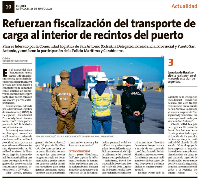 Como #ComunidadLogísticaSanAntonio seguimos llevando a cabo el plan de fiscalización a transportistas que se programó para este año 2025.
Puedes leer más en Diario El Líder: lidersanantonio.cl/impresa/2025/0…