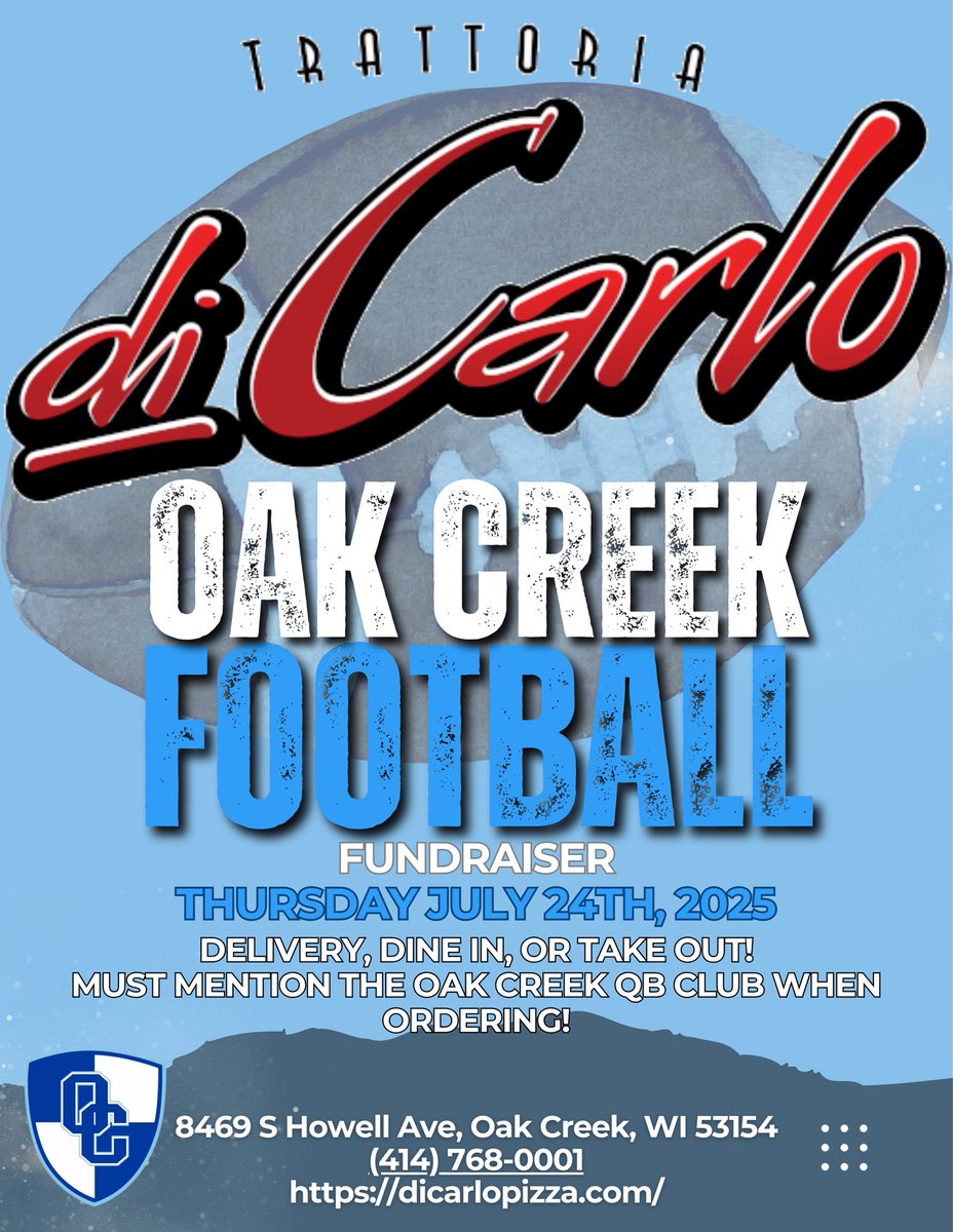 OUR FIRST FOOD FUNDRAISER OF THE YEAR. A GREAT LOCAL COMPANY SUPPORTING OUR COMMUNITY BASED GROUP!
Please plan on getting dinner from Trattoria di Carlo on Thursday July 24th. 
Dine In, Carry Out, Delivery, DoorDash… you must mention Oak Creek Knights Football or the QB Club.