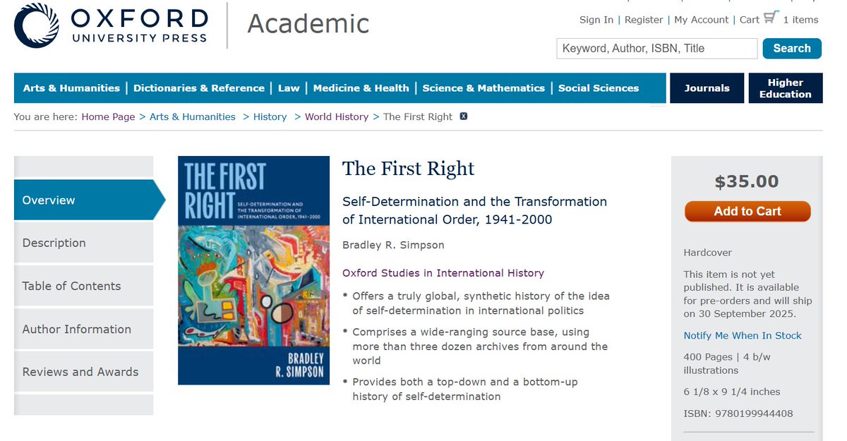 bradleyrsimpson's tweet image. So my book on the history of self-determination has a website and is available for pre-orders! Digital release in August, hardcover in October. I&apos;m on leave this year and so glad to do book talks!  Will flog weekly, so please bear with me.

global.oup.com/academic/produ…