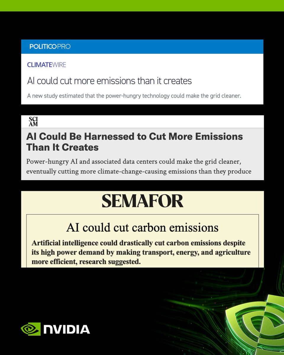 nvidianewsroom's tweet photo. NVIDIA is advancing the full AI stack to build more sustainable data centers and help decarbonize industries worldwide.

New research shows AI could cut 5.4 billion metric tons of global emissions annually — outweighing the projected rise in data center energy use. https://t.co/RMkU4IubJS