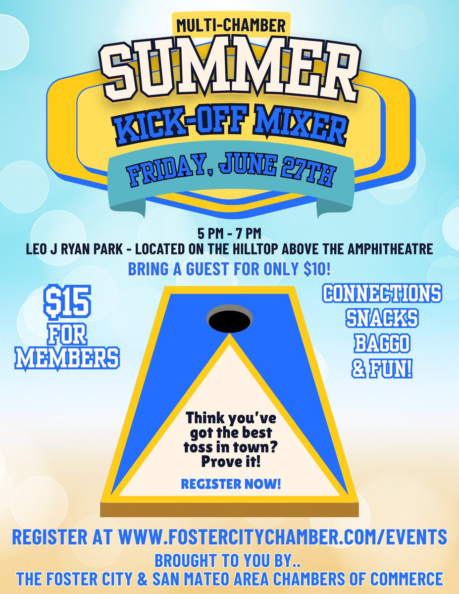 Just 2 Days to Go!
Join us Friday, June 27, for the Summer Kick-Off Multi-Chamber Mixer &amp; Baggo Competition!
✔️ Network
✔️ Play or cheer on Baggo
✔️ Build connections in a fun, summer setting!
Register: rpb.li/K0U
#SanMateoChamber #SummerKickoff #TeamBuilding