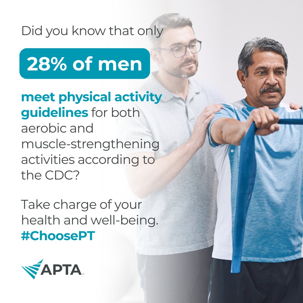 APTA_official's tweet image. As a PT, you play a key role in helping men prevent injury, manage chronic conditions, and improve quality of life.

In honor of #MensHealthMonth let's spread the word — physical therapy is essential to men’s health. #ChoosePT

Help us raise awareness: choosept.com/prevention-wel…