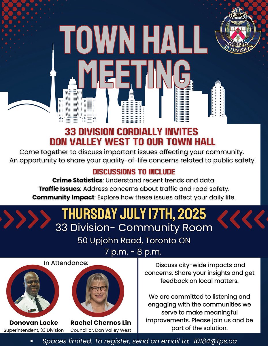 33 Division (@tps33div) on Twitter photo Town Hall Meeting, Thursday July 17th, 7pm @ 33 Division. Ward 15- Councillor Rachel Chernos Lin (33 Division Ward Boundaries: 401 to the North, Eglinton Avenue East to the South, Leslie Street to the East and Bayview Avenue to the West). To register, please email 10184@tps.ca . Town Hall Meeting, Thursday July 17th, 7pm @ 33 Division. Ward 15- Councillor Rachel Chernos Lin (33 Division Ward Boundaries: 401 to the North, Eglinton Avenue East to the South, Leslie Street to the East and Bayview Avenue to the West). To register, please email 10184@tps.ca .