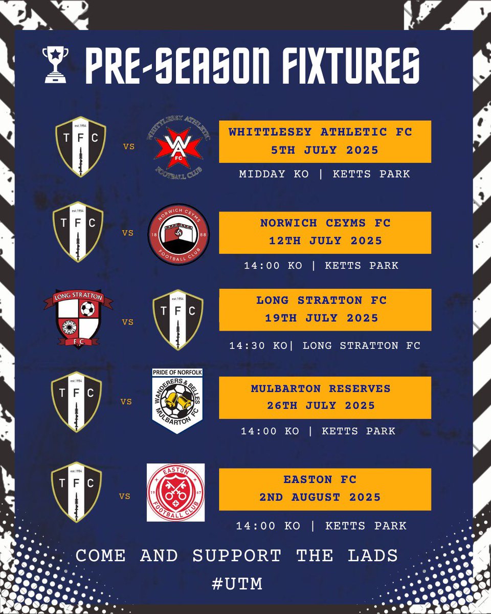 Tacolneston FC (@tacolnestonfc) on Twitter photo 🚨Pre Season Update 🚨
We have found a fixture for the 5th July, big thanks to <a href="/WhittleseyAthFC/">Whittlesey Athletic</a> for agreeing to a friendly! We’ll host them at ketts park at Midday!
Should be a great start & test to our pre-season for senior football!
#UTM ⚪️⚫️ 🚨Pre Season Update 🚨
We have found a fixture for the 5th July, big thanks to <a href="/WhittleseyAthFC/">Whittlesey Athletic</a> for agreeing to a friendly! We’ll host them at ketts park at Midday!
Should be a great start & test to our pre-season for senior football!
#UTM ⚪️⚫️